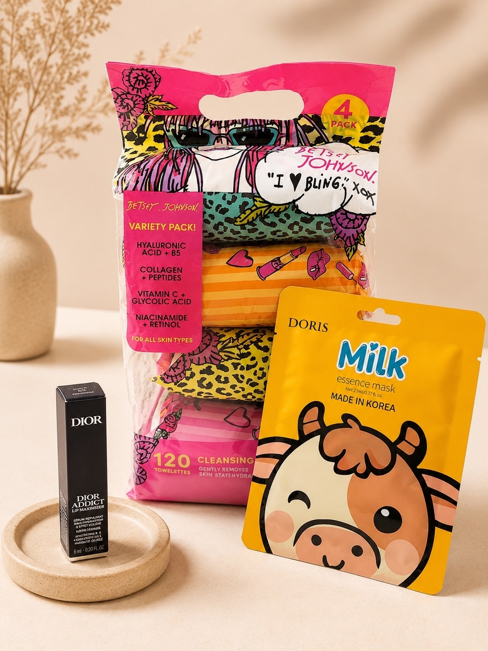DIOR Lip Gloss, BETSY JOHNSON Wipes And Face Mask